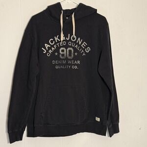 Jack & Jones Hoodie Mens Large Black Crafted Quality 90 Graphic Pullover Fleece